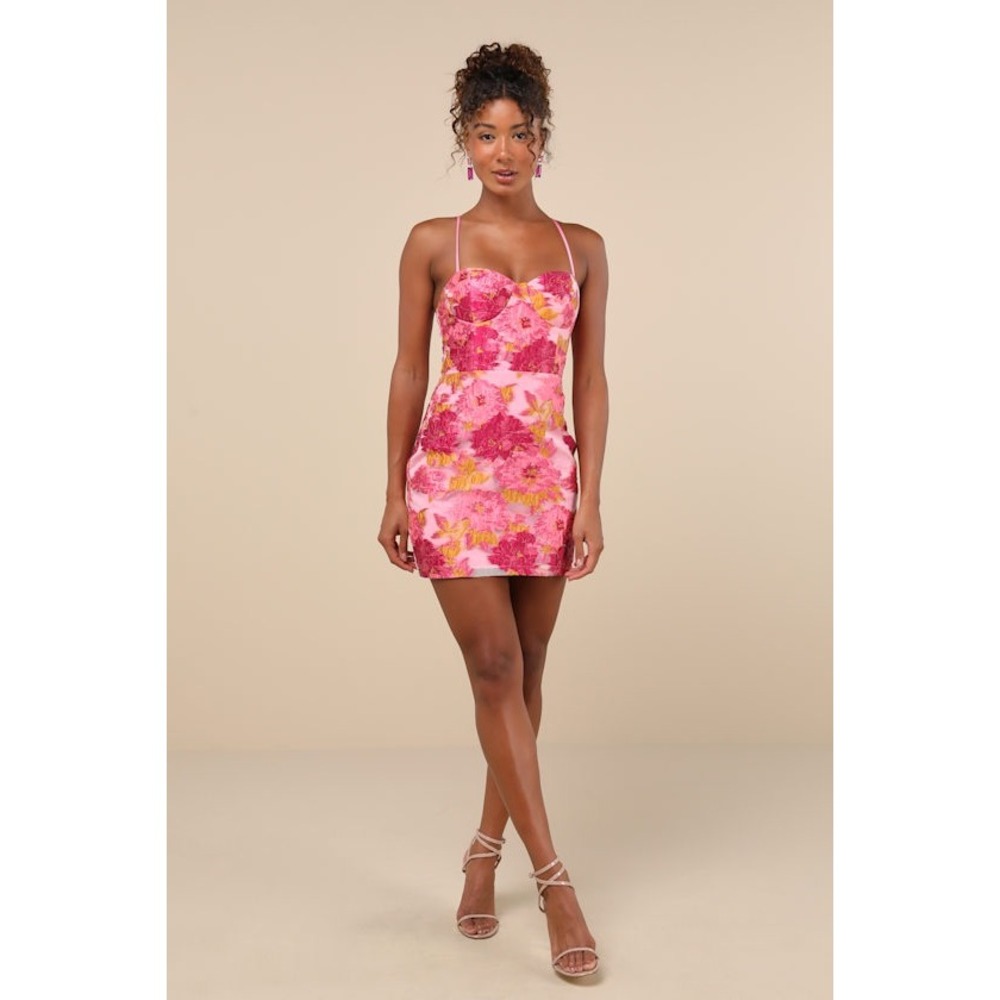 NWT Lulus Flirtatious Composure Pink Jacquard Lace-Up Bustier Mini Dress Small - Picture 3 of 9